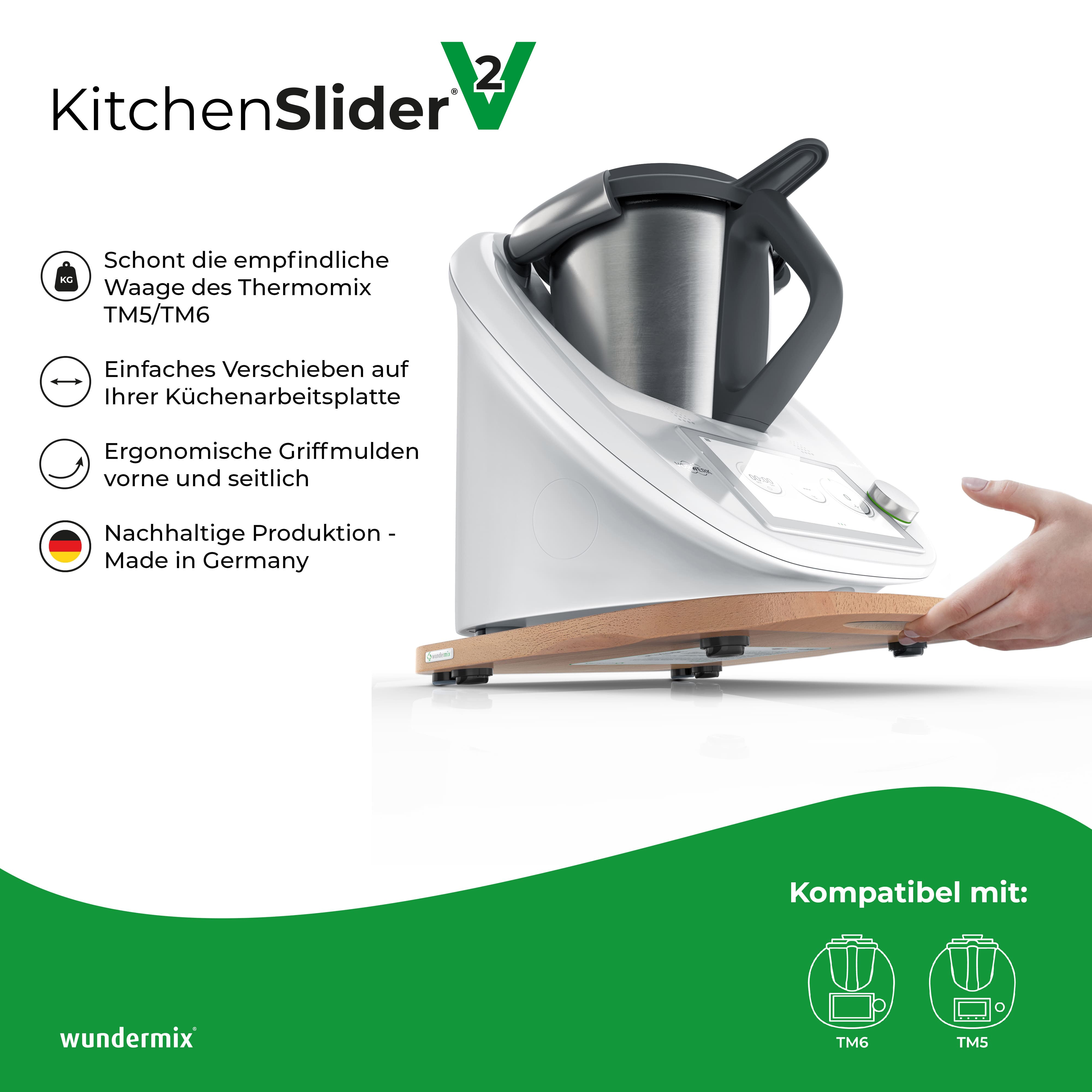 KitchenSlider® H | V2 Plus | Buche | Premium-Gleitbrett für Thermomix TM6, TM5