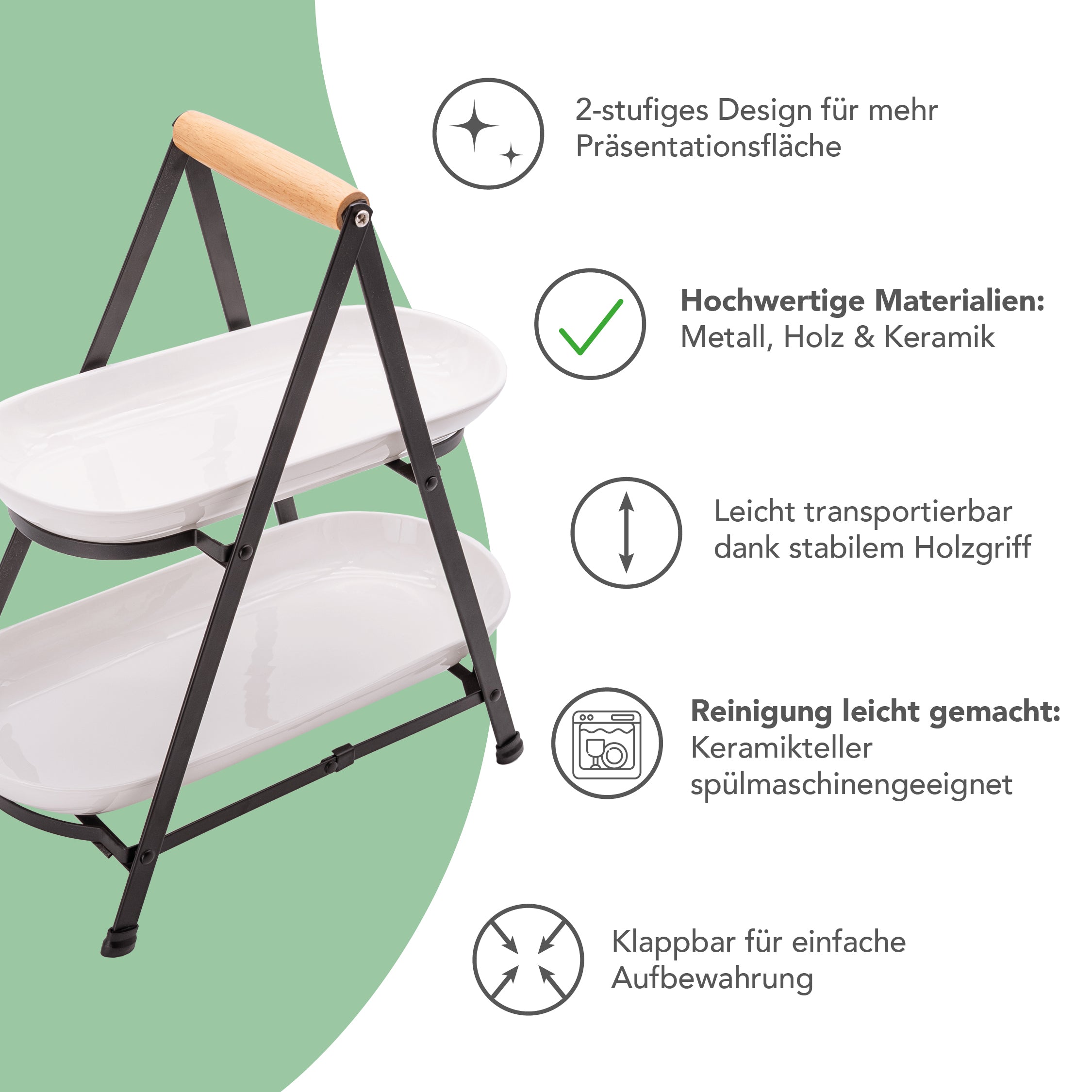 Servier-Etagere für Kuchen, Brunch und Co: zweistöckig aus Metall, Holz & Keramik, hochwertig