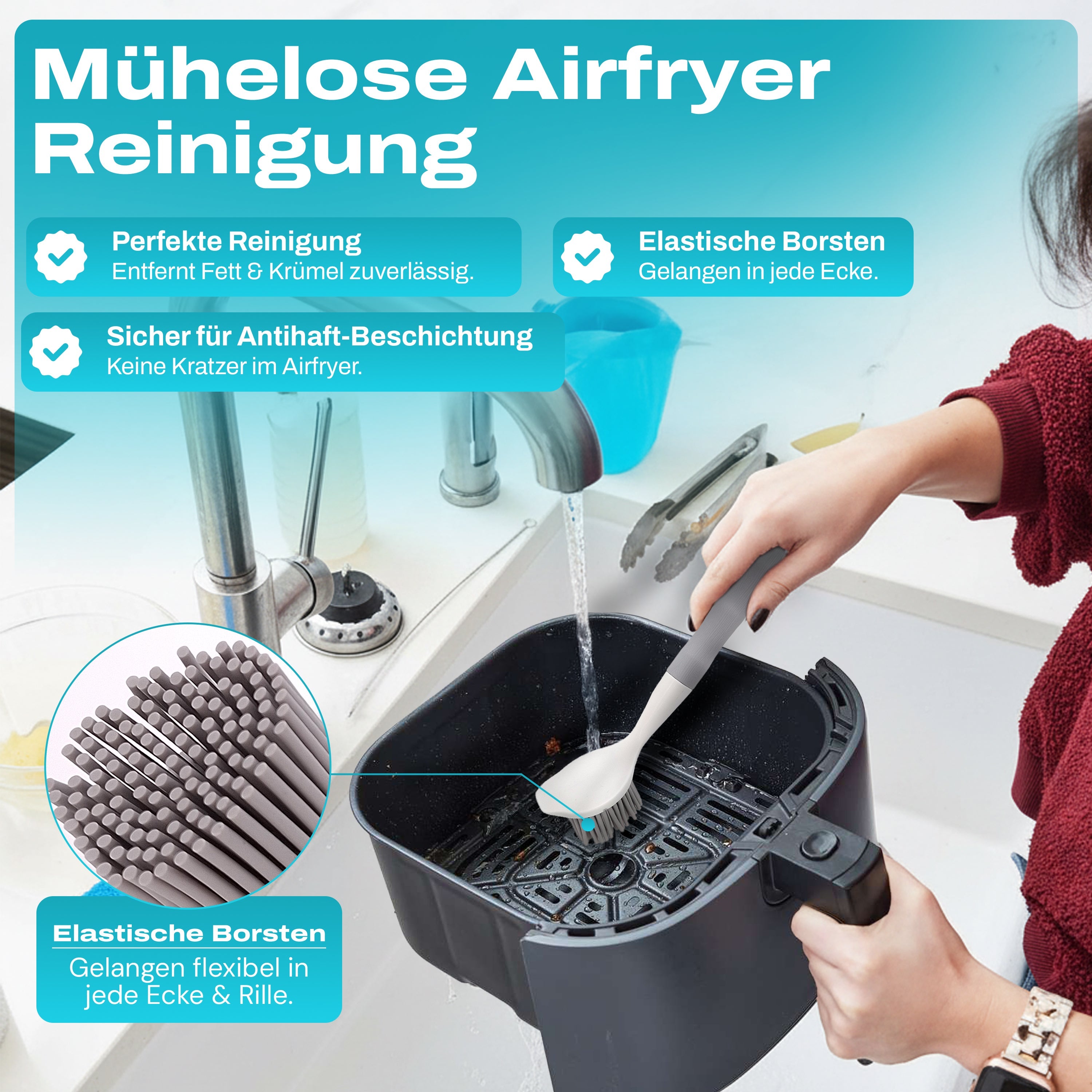 WunderFry | Reinigungsbürste mit Silikonborsten für Airfryer, Kontaktgrill & Pfannen