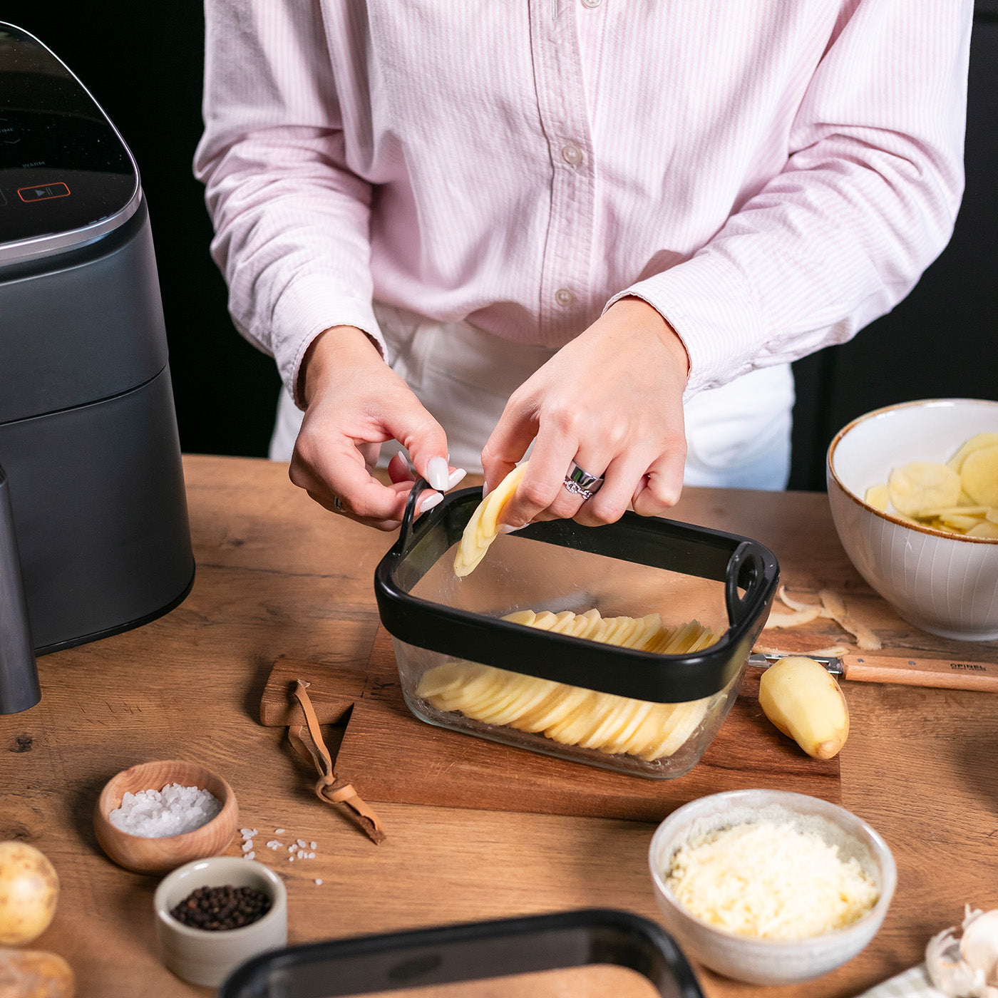 VentiFry Glasauflaufform für Airfryer mit Silikongriffen
