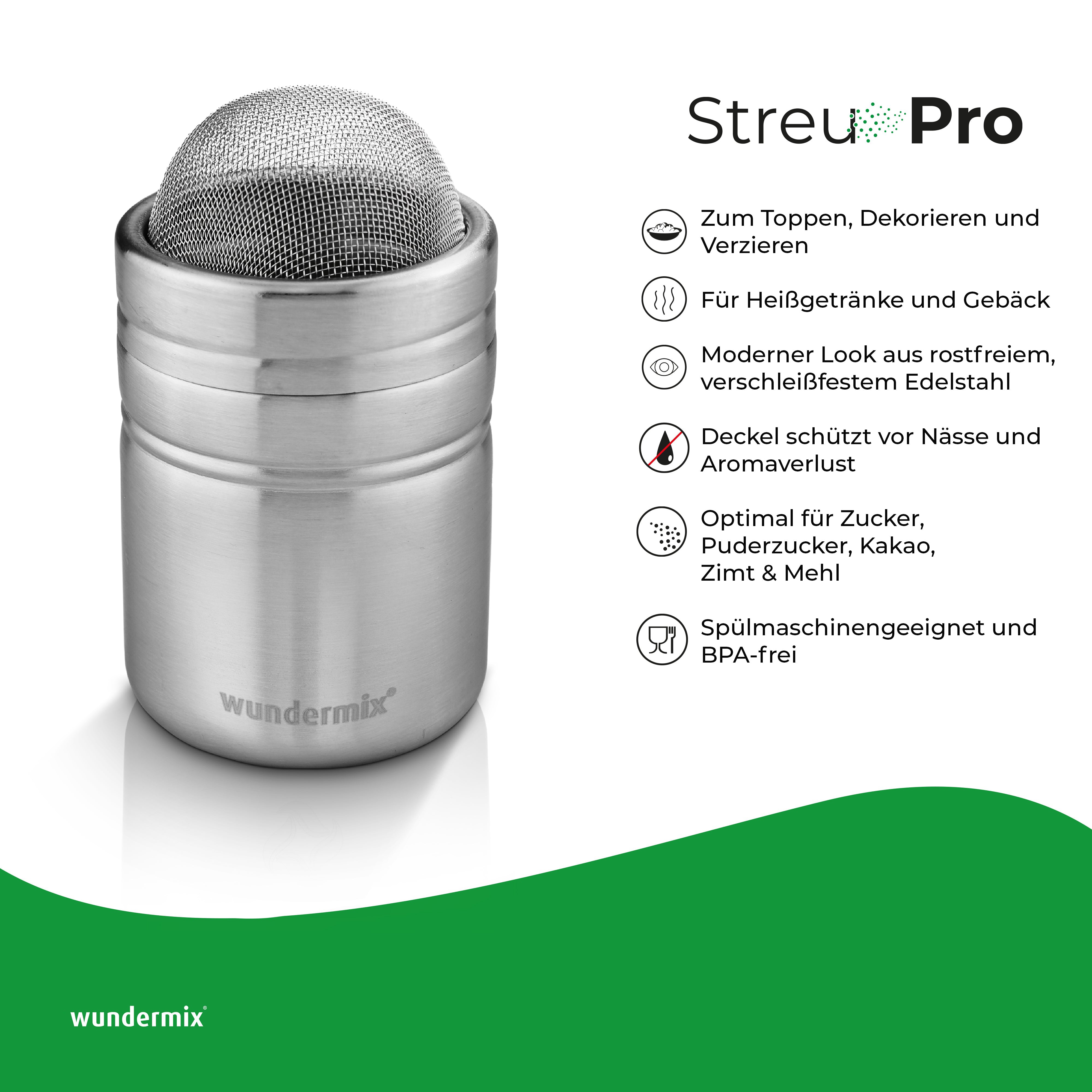 StreuPro | Edelstahl-Streuer für Mehl, Puderzucker, Kakaopulver, Zimtzucker